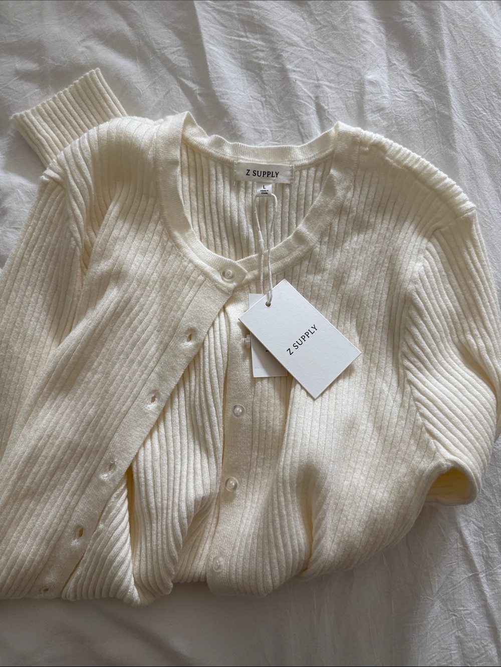 Z Supply Cream Ribbed Button-Front Long Sleeve Top